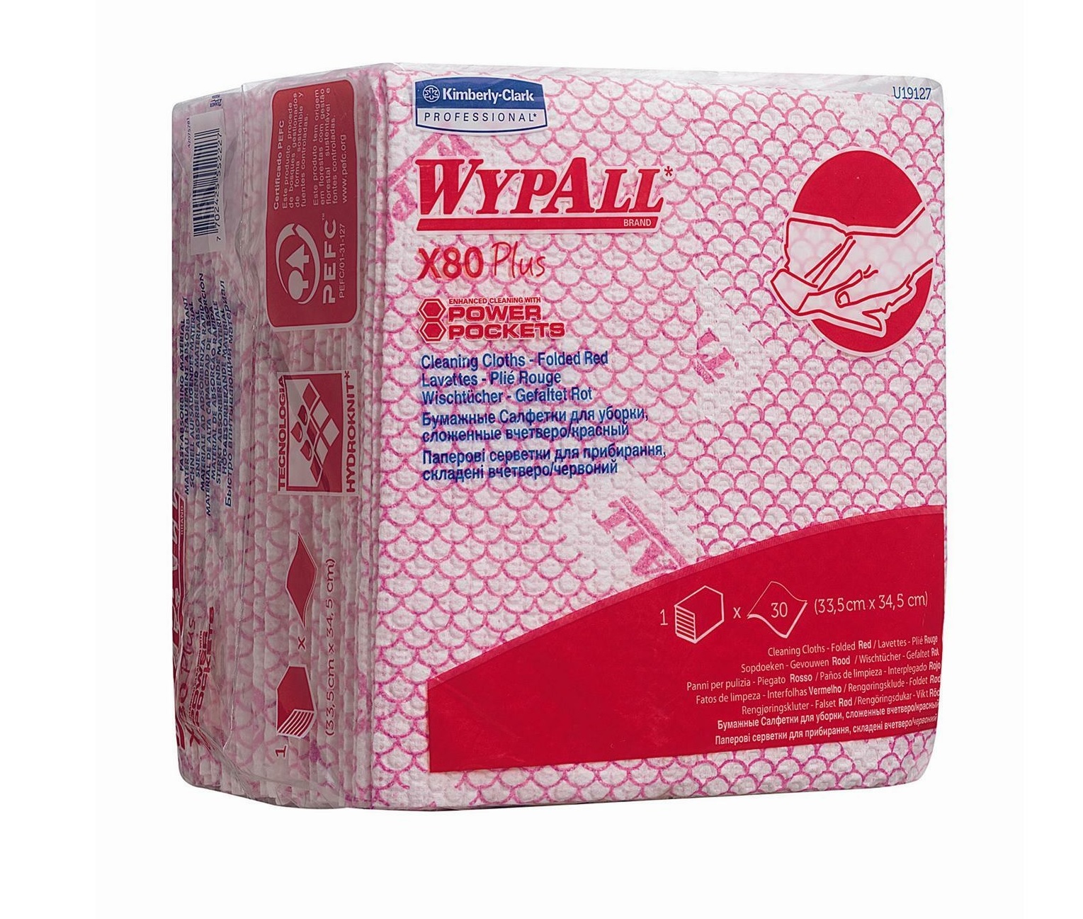  Kimberly Clark WypAll® X80 Plus Poetsdoeken- 8 polybags x 30 1/4 gevouwen, rode doeken
